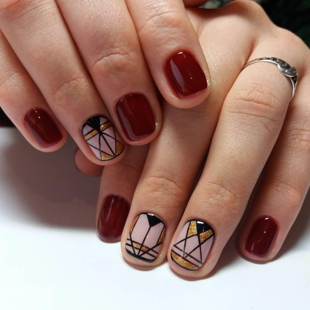 Дизайн ногтей бордовый с золотом фото